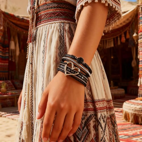Long tiantian Leather Bracelets for Women Warp Bracelet Stackable Boho Layered Bracelet Chunky Heart Trendy Birthday Gifts for Her - color: A7:bracelet for woman
