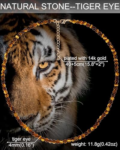 Simple Choker Necklace for Women Real Stone and Crystals Necklaces 4mm Beaded Choker Jewelry Meditation Gift for Women (16"+2") - style: Tiger's eye