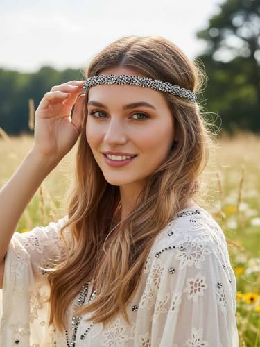 Rhinestone Homecoming Head Chain Jewelry Silver Sparkly Elastic Headband Forehead Crystal Braided Accessories For Women (Black, Free size) - color: Black