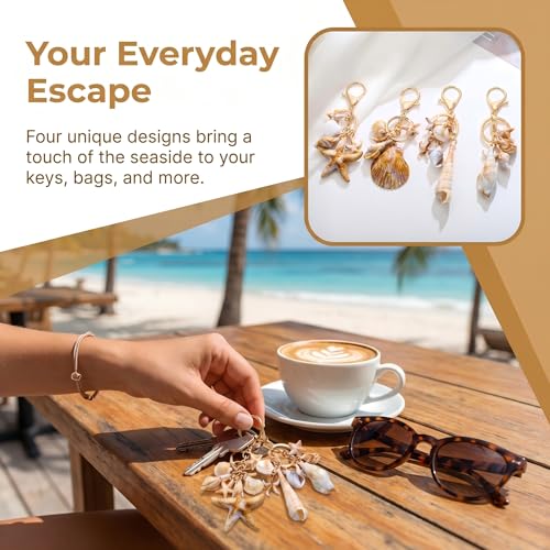 4 Pcs Ocean Themed Keychains for Women - Resin Seashell Starfish Boho Beach Bag Charms with Gold-Plated, Summer Vacation Purse Backpack Pendant Key Ring Gifts