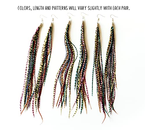 Feather Headz Bohemian handmade long lightweight feather dangle earrings for women - color: Rainbow