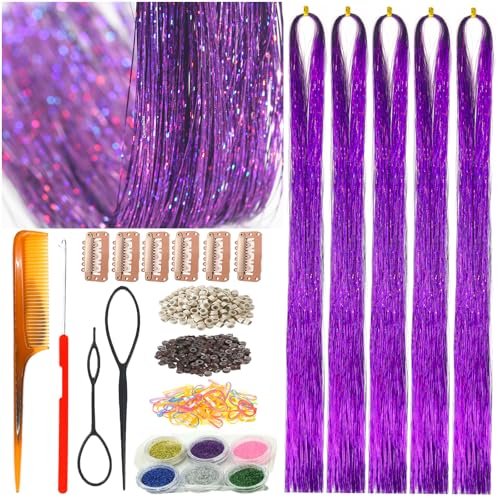Celinebella Plum Purple Hair Tinsel, 48" 1250 Strands Midnight Orchid | Deep plum orchid shade, rich high-density shimmer, heat resistant, ideal for night parties formal events & cosplay - color: 06-Midnight Orchid, size: 48 Inch Pack of 5Pcs