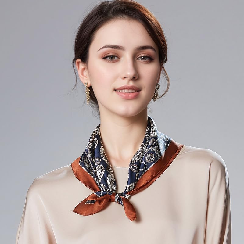 ANDANTINO 100% Mulberry Silk Scarf -21” Square Neckerchief with Gift Packed - color: Brown&blue-paisley