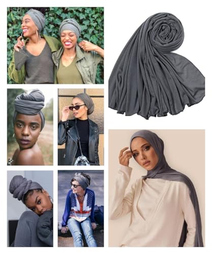 Harewom Head Wraps for Black Women Stretch Head Scarf Long African Hair Wraps Turban Headwraps Jersey Headbands - color: 4pcs-black&camel&denim_blue&dark_grey
