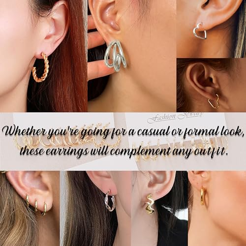 24 Pairs Gold Hoop Earrings Set for Women Hypoallergenic Chunky Chain Twisted Open Hoops Dangle Earring Packs for Birthday Party Fashion Jewelry Gift - color: 24Pairs-Gold