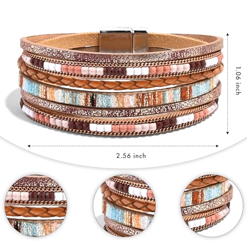 VIBILIA Boho Leather Wrap Bracelets for Women Multi-Layer Bracelets with Strong Clasp Jewelry for Women - color: 03-BohoBraid-Khaki