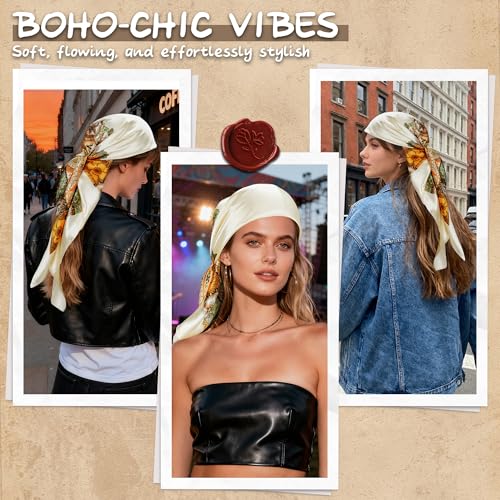 Large Square Head Scarf Bandana - 35" Satin Hair Scarf for Women Like Silk Scarf Fashion Hair Wrapping - color: Paisley(beige), size: 35IN*35IN