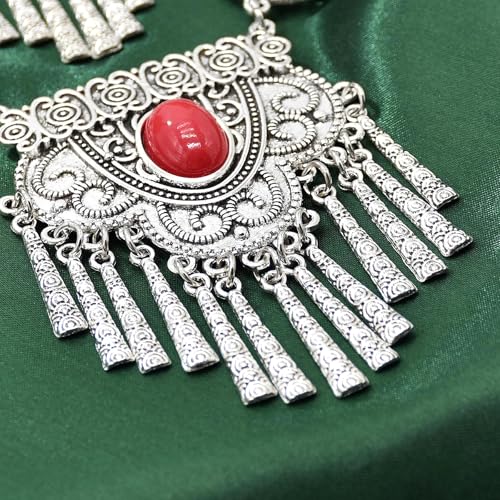 Bethynas Bohemian Ethnic Tribal Chunky Necklace Multilayer Long Tassel Turquoise Statement Neck Chain Retro Coin Gemstone Exaggerated Costume Accessories for Women - color: C-Red