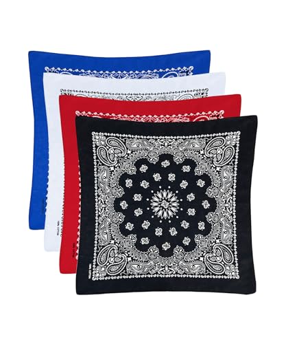 Bycc Bynn Large 27x27 Inch Bandana - 4 Pack 100% Cotton Bandanas for Men & Women - color: Royal Blue+white+red+black