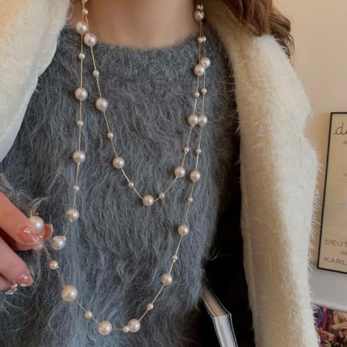 Layered Pearl Necklaces for Women Big Pearl Long Chain Necklace Dainty Faux Pearl Necklaces Statement Sweater Strand Chain Jewelry - style: gold