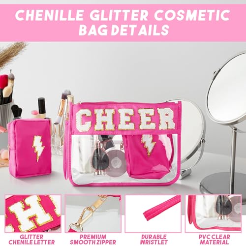 Hillban 2 Pcs Cheer Makeup Cosmetic Bag Cheerleader Team Gifts Clear Zipper Toiletry Pouch for Travel Chenille Letter Bag Pink Preppy Patch Purse PVC Waterproof Cheer Stuff Accessories for Women Girl - style: Cheer Theme