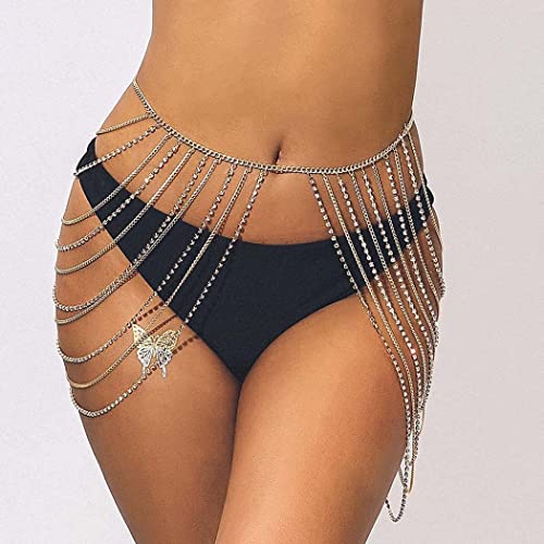 Rhinestone Body Chains Layered Crystal Waist Chain Beach Bikini Jewelry for Women