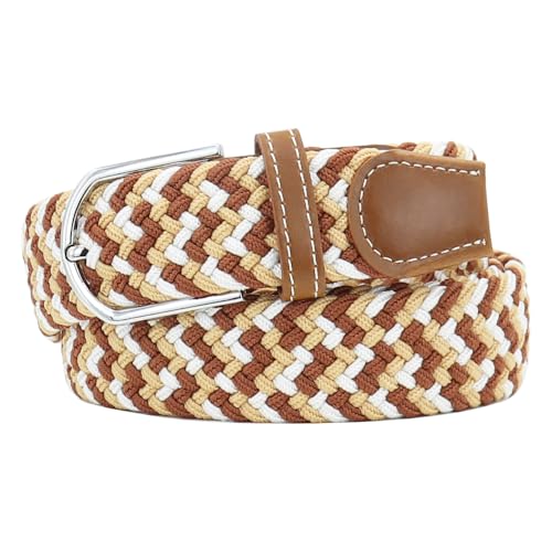 Mixed Color Woven Stretch Braided Belts for Men and Women Fashion Elastic Belts - color: Beige Coffee White, size: for Waist Size 28"-31"