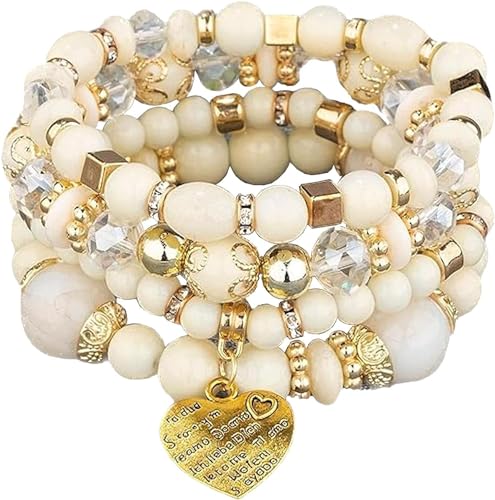 Women Beaded Bracelet Set | Colorful Boho Stackable Trendy Design with Crystal Accents Multilayer Bangle Bracelet | Fashion Stretch Braclets Jewelry for Women - color: White