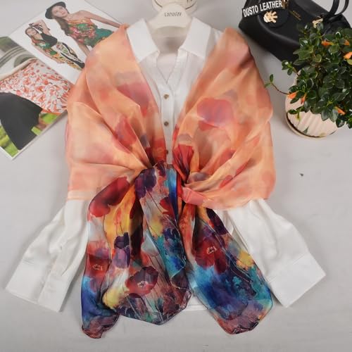 100% Mulberry Silk Women's Neck Silk Scarf-Lightweight Shawl,FLoral Print Beach Silk Wrap-Scarves for Photography - color: Red Poppy Floral