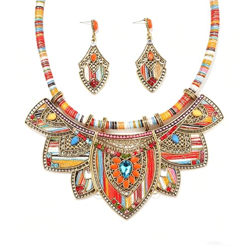 African Tribal Jewelry Set for Women - 2pcs Chunky Colorful Boho Vintage Statement Necklace Earrings Bib Choker Festival Costume Ethnic Accessories - style: Gold Style 2