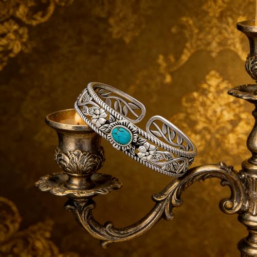 Genuine Turquoise Bracelet Cuff Bracelet for Women Mom 925 Sterling Silver Natural Turquoise Bangles Vintage Bracelet Boho Jewelry for Birthday Christmas Mother's Day Valentine's Day - style: Flower and Leaf