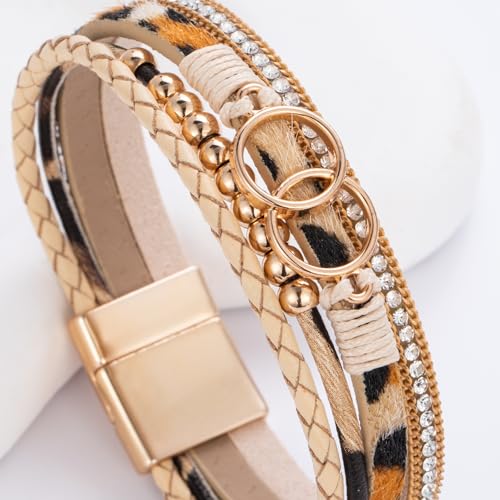 FANCY SHINY Boho Leather Wrap Bracelet Stackable Infinity Chunky Cuff Bracelets Western Hippie Outfits Jewelry Valentine Gifts for Women - color: Leopard