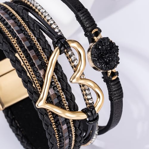 Boho Leather Wrap Bracelets Beaded Stackable Cuff Bracelet Country Concert Outfits Cowboy Cowgirl Western Jewelry Gifts for Women - color: Heart-Black