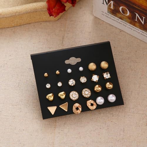 32 Pairs 14K Gold Plated Tiny to Huge Earring Hoop Stud for Women, More Style Earring Sets for Multiple Piercing Stack Set Everyday Jewelry