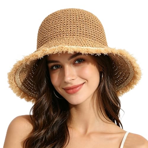 Straw Bucket Hat for Women Foldable Summer Beach Sun Hats Wide Brim Crochet Floppy Hat for Vacation Travel Shade & Style - color: Khaki-d