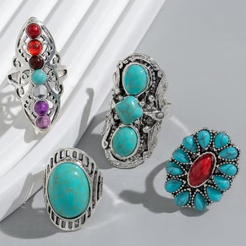 Turquoise Stackable Finger Ring Set Boho Knuckle Rings Midi Joint Carved Rings Natural Stone Adjustable Rings Victorian Handmade Jewelry Cocktail Party Birthday for Women Gift