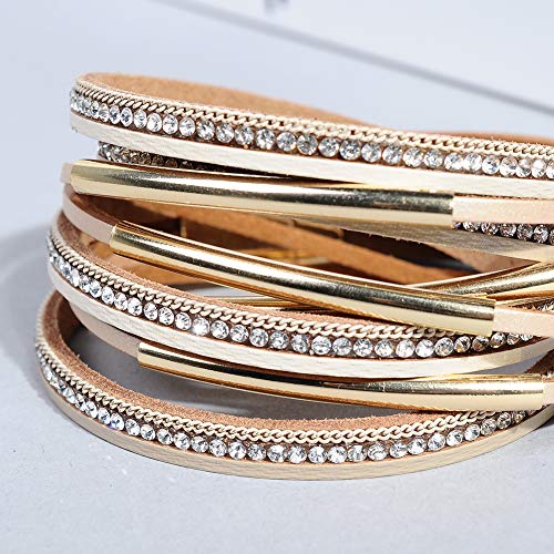 Artilady Leather Wrap Bracelets for Women - Pearl Bracelets Handmade Clasp Bangle Bracelet with Beads Jewelry Gift for Women and Mother - style: Light Brown with Gold bar