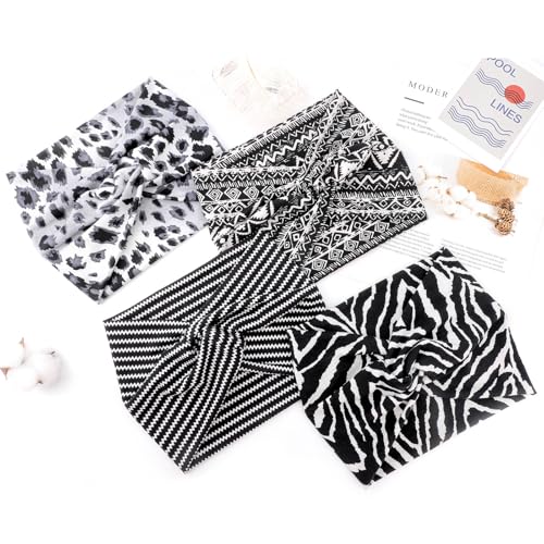 AQOKKA Extra Wide Headbands for Women Large Turban Headband Non Slip Boho Elastic Hairband Hair Twisted Knot Head Bands Accessories - color: 4 Pcs: Leopard Print + Stripes
