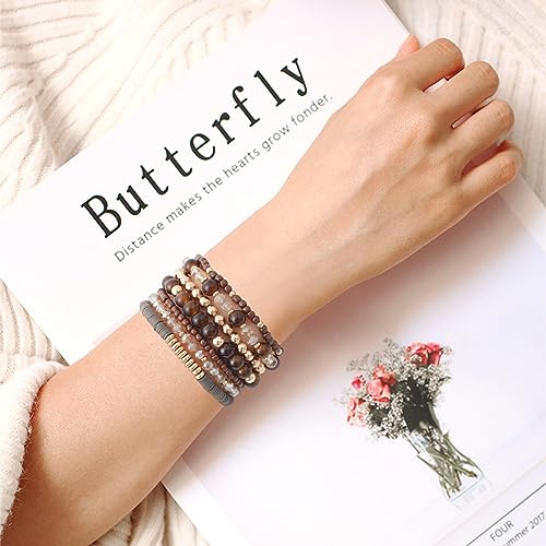 GOOJIDS Surfer Heishi Clay Bead Bracelets for Women Bohemian Stackable Gold Plated Beaded Stretch Bracelets Elastic Layering Friendship Bracelets Set Boho Jewelry - color: W-4 Brown Beads Bracelet