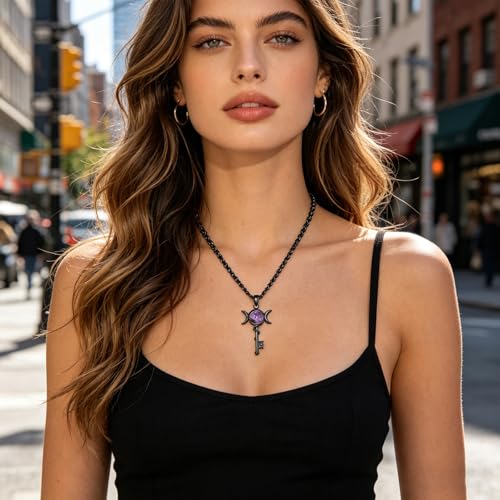 INFUSEU Mystical Hecate Triple Moon Goddess Necklaces, Divine Feminine Protection Gifts - style: Amethyst Hecate Key - Black
