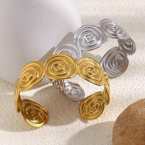 YWMAN Spiral Adjustable Cuff Bracelet, Chunky Swirl Open Bangle, Stainless Steel Boho Statement Jewelry for Women