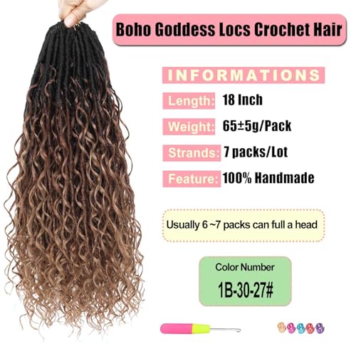 Goddess Locs Crochet Hair 7 Packs Bohemian Faux Locs Pre-Looped Braids, Boho Goddess Soft Locs Crochet Hair with Curly Ends Hair Extensions for Women (1B/30/27, 18 Inch) - color: 1B/30/27, size: 18 Inch