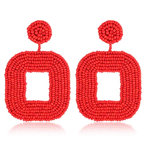 Beaded Drop Earrings Multicolored Seed Bead Earrings for Women Bohemia Statement Square Bead Hoop Dangle Earrings for Wedding Party Vacation - color: D Red