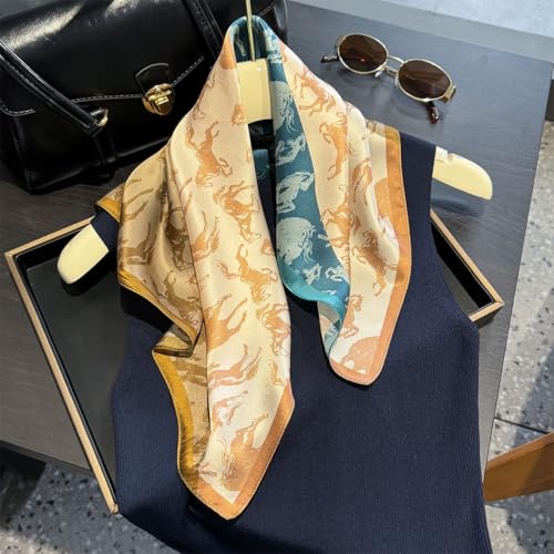 MEISEE 100% Pure Mulberry Silk Scarf 21" Square Scarf Neckerchief Headscarf Breathable Lightweight for Women Gift Packed - color: Khaki + Blue Horse