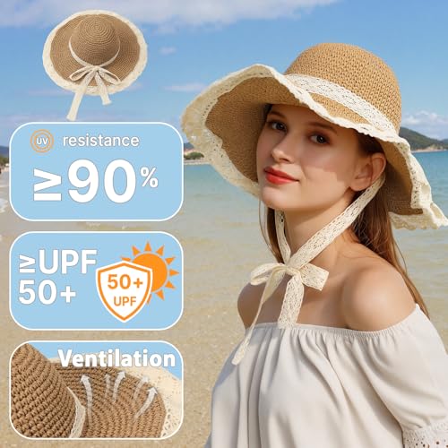 Beach Hats for Women - Beach Hat Womens UPF 50+, Packable Sun Hat Women Roll Up, Wide Brim Straw Hat for Women - color: Khaki Sun Hat