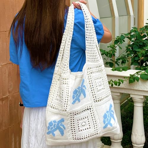 White Crochet Summer Tote Bag – Cute Small Mesh Knitted Beach Handbag, Boho Crochet Travel Shoulder Purse with Turtle, Woven Crossbody Knitting Bag for Women, Beach Essentials
