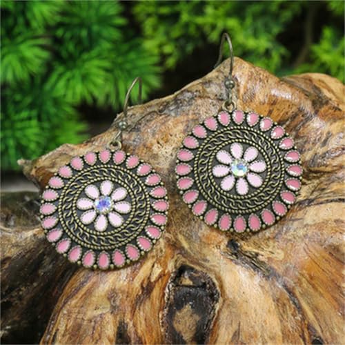 MALOYANVE Vintage Boho Circular Flower Dangle Earring, Handmade Bronze Tribal Round Enamel Floral Drop, Bohemian Ethnic Statement Jewelry Gift for Women - color: Pink