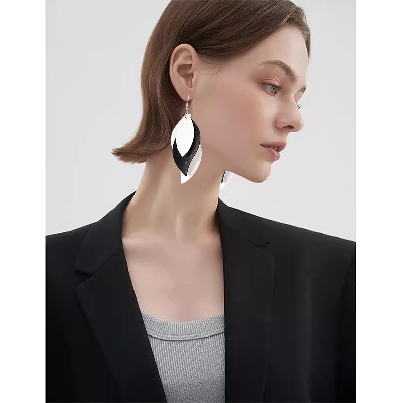 ANXIN boho unique Leather Earrings 2 Layered Lightweight Faux Leather Leaf Earrings Layered Design Drop Earrings Gift for Women - color: White Black White