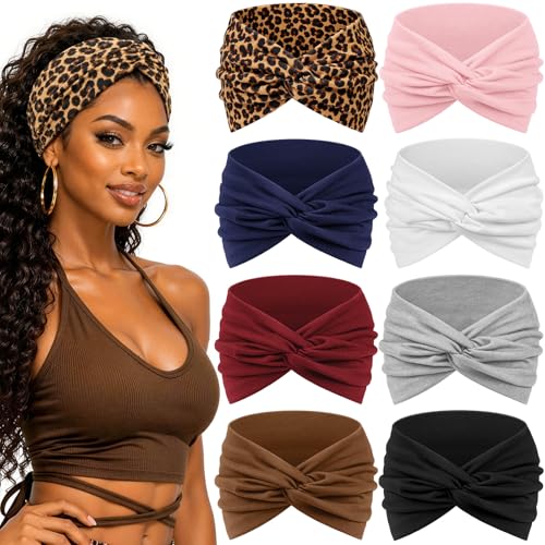 Awumbuk Wide Headbands for Women, 7.08 Inch Thick Boho Turban Style Hair Wraps, Non-Slip Moisture-Wicking Workout Headband for Sports, Yoga, Daily Fashion, 8 Pack Multi Colors (Brown) - color: Brown