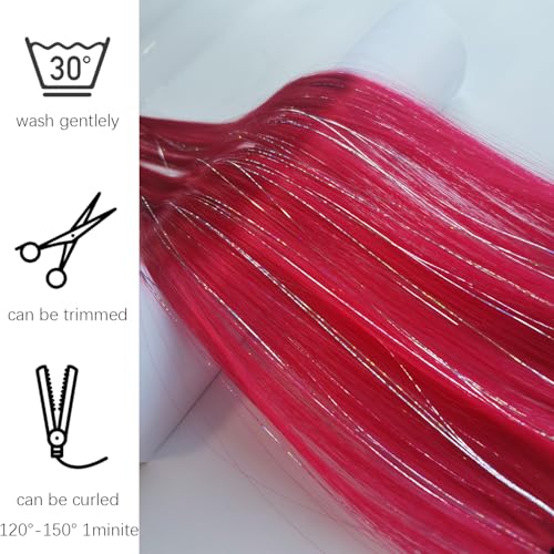 12pcs Clip in Red Hair Extensions, 22 Inch Rainbow Hair with Silver Tinsels, Colorful Holiday Party Highlights for Women - color: Red