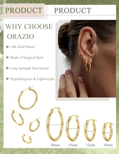 ORAZIO 4 Pairs Stainless Steel Hoop Earrings Set Cute Huggie Earrings for Women,10MM-20MM - style: Gold Plated, 4 pairs