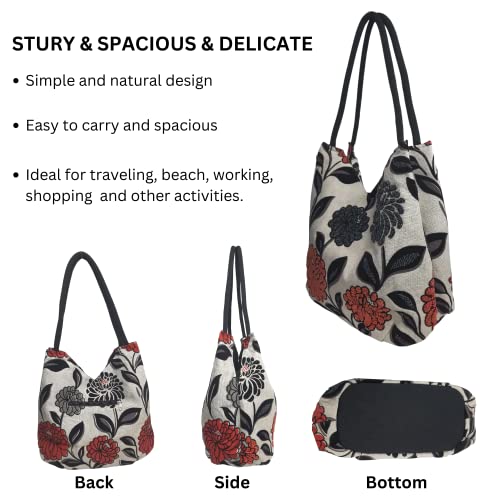 HCRAFT Embroidered Handbags for Women, Large Beads Flower Shoulder Tote Bag with Zipper Fabric Hobo Bags, Mother's Day Bag - color: Large Beads