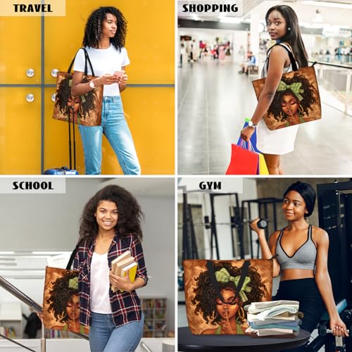 African American Women Tote Bag Black Shoulder Handbag For Women Fit Work Beach Labtops With Zip - color: Black Women 4