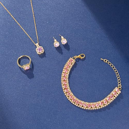 Paxuan 4pcs Cubic Zirconia Wedding Jewelry Sets for Bride Bridesmaid Cubic Zirconia Pendant Necklace Earrings Link Tennis Bracelet Open Ring Set for Women - color: Gold Plated Pink Cubic Zirconia