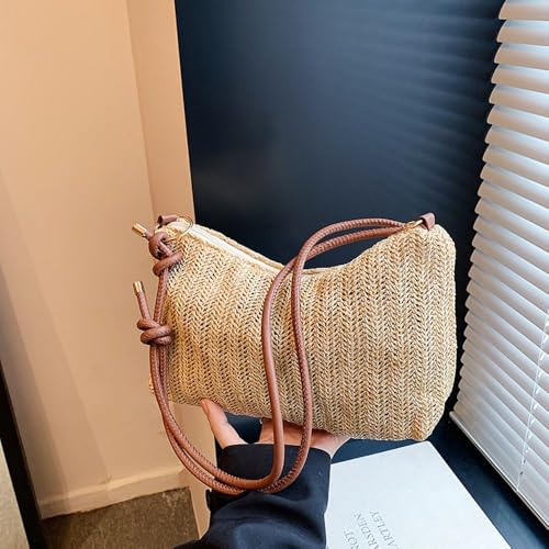 Women's Woven Beach Shoulder Handbag Colorful Straw Tote Bag Summer Vacation Crossbody Bag - color: 1343brown