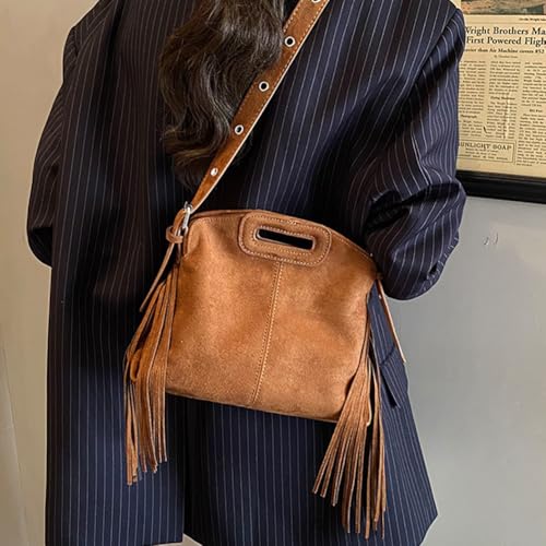 Women's Suede Fringe Crossbody Bag, Retro Hollow Handle Shoulder Purse, Novelty Fashion Tassels Bucket Bag Handbag - color: Brown