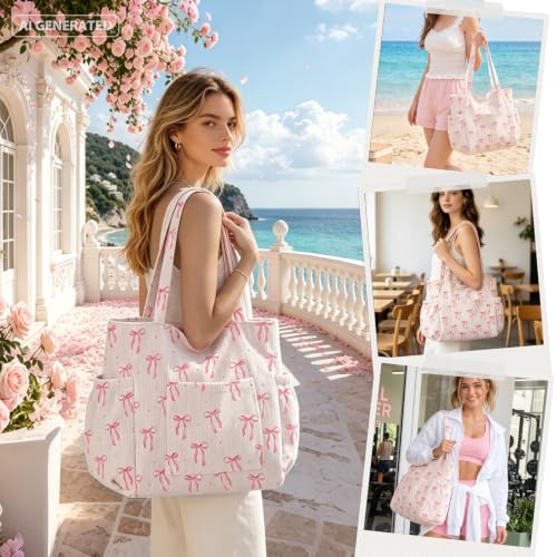 Corduroy Tote Bag for Women,Large Capacity Cute Tote Bags With 6 Pockets,Crossbody Shoulder Handbag for Work Travel Gym - color: A-watercolor Bows