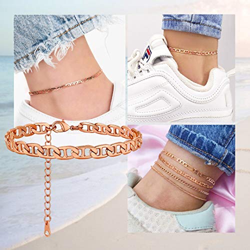 ChainsHouse Ankle Bracelets for Women, Stainless Steel Chain Anklets Waterproof, Women Summer Beach Jewelry Gift, Come with Box - color: 11. 6mm-Flat Marina-Rose Gold