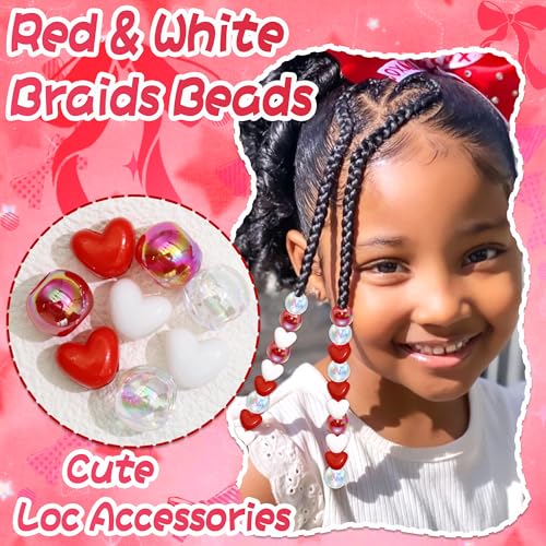 60PCS Red Heart Hair Beads White Clear Round Beads Kids Girls Valentine's Day Loc Jewelry Dreadlock Bead Cute Acrylic Pony Bead Hair Accessories - color: Red&White