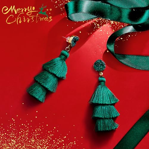 Me&Hz Colorful Layered Tassel Earrings Bohemian Statement Tiered Tassel Big Dangle Drop Earrings for Women Druzy Studs Valentine’s Day Gift - color: Deep Green